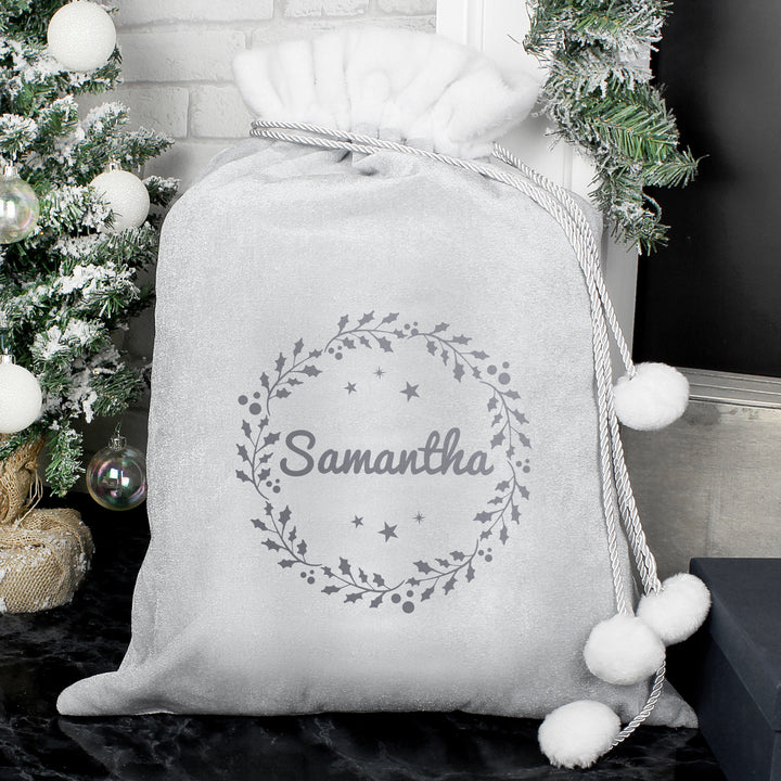 Buy Personalised Holly Grey Christmas Sack available now at www.giftsfinder.co.uk