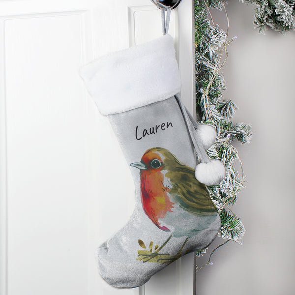 Personalised Robin Silver Grey Stocking