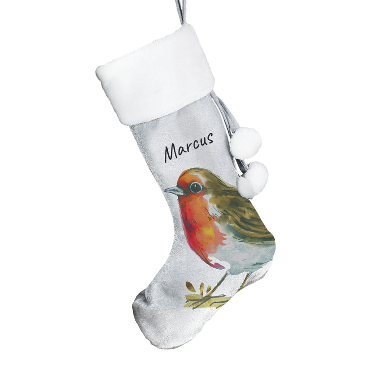 Personalised Robin Silver Grey Stocking