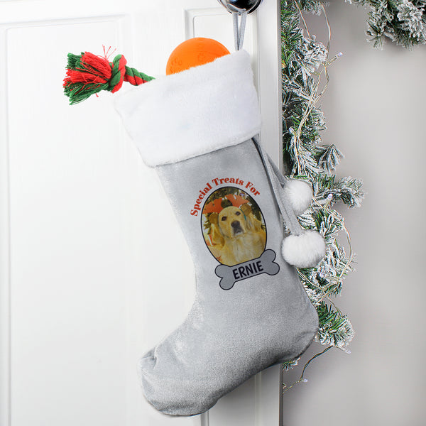 Buy Personalised Dog Photo Upload Silver Grey Stocking available now at www.giftsfinder.co.uk