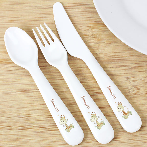 Buy Personalised Hessian Giraffe 3 Piece Plastic Cutlery Set at www.giftsfinder.co.uk