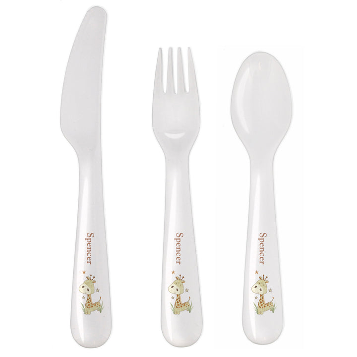 Personalised Hessian Giraffe 3 Piece Plastic Cutlery Set - part of the Gifts Finder Personalised Children's Cutlery Sets collection