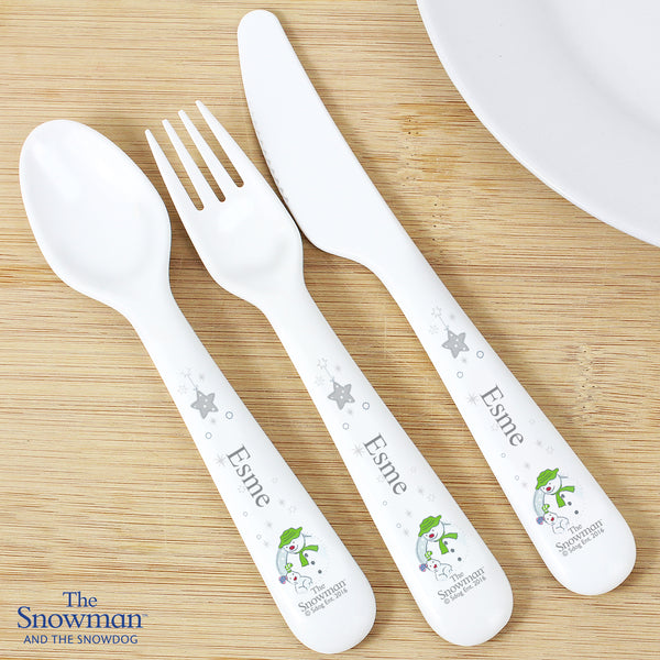 Buy Personalised The Snowman and the Snowdog 3 Piece Plastic Cutlery Set at www.giftsfinder.co.uk