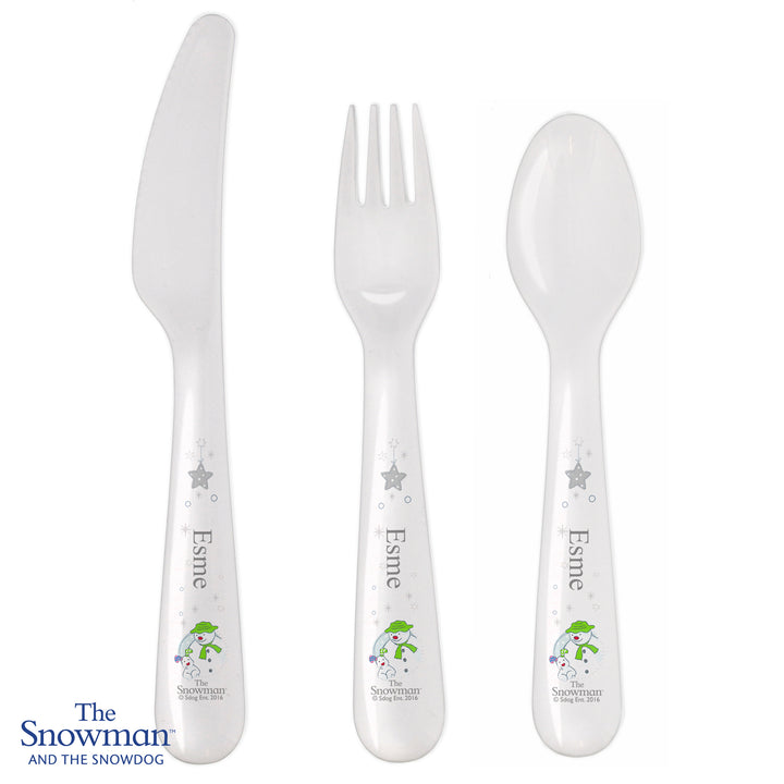 Buy Personalised The Snowman and the Snowdog 3 Piece Plastic Cutlery Set at www.giftsfinder.co.uk