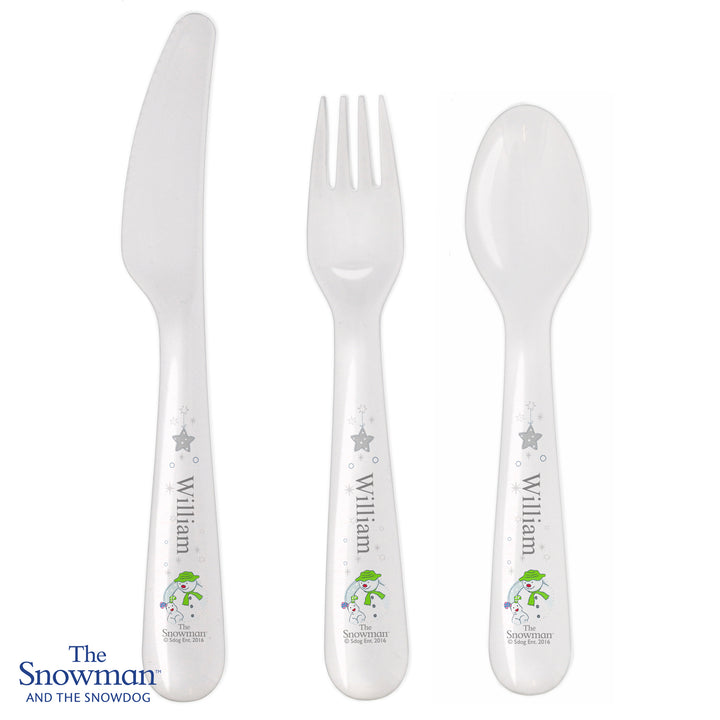 Buy Personalised The Snowman and the Snowdog 3 Piece Plastic Cutlery Set at www.giftsfinder.co.uk