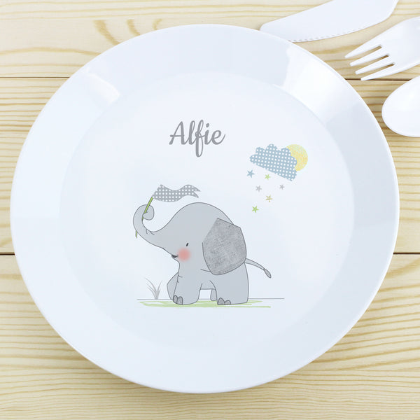 Buy Personalised Hessian Elephant Plastic Plate at www.giftsfinder.co.uk