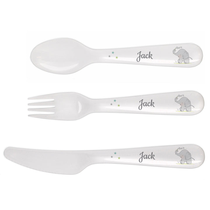 Buy Personalised Hessian Elephant 3 Piece Plastic Cutlery Set at www.giftsfinder.co.uk