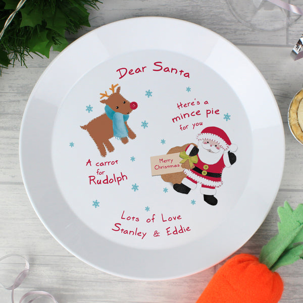 Buy Personalised Santa and Rudolph Christmas Eve Mince Pie Plastic Plate at www.giftsfinder.co.uk