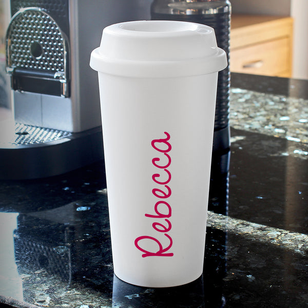 Buy Personalised Pink Name Island Insulated Reusable Eco Travel Cup at www.giftsfinder.co.uk