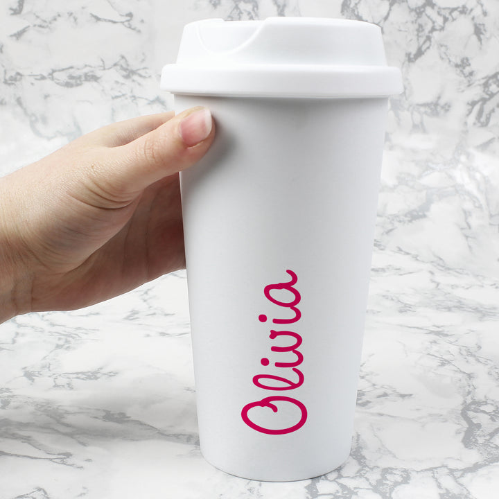 Buy Personalised Pink Name Island Insulated Reusable Eco Travel Cup at www.giftsfinder.co.uk