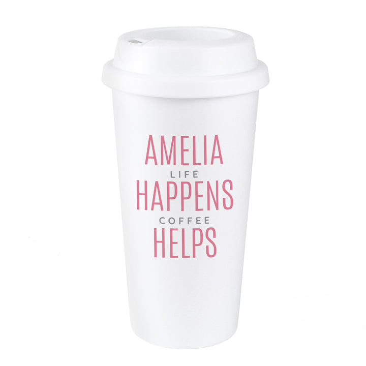 Personalised Pink Text Slogan Insulated Reusable Eco Travel Cup - part of the Gifts Finder Personalised Travel Cups & Mugs collection