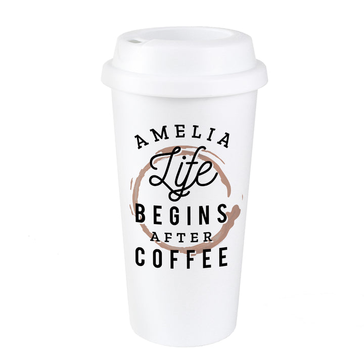 Personalised 'Life Begins After Coffee' Insulated Reusable Eco Travel Cup - part of the Gifts Finder Personalised Travel Cups & Mugs collection