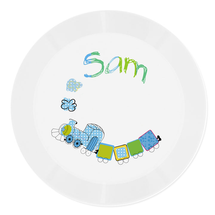 Buy Personalised Patchwork Train Plastic Plate at www.giftsfinder.co.uk