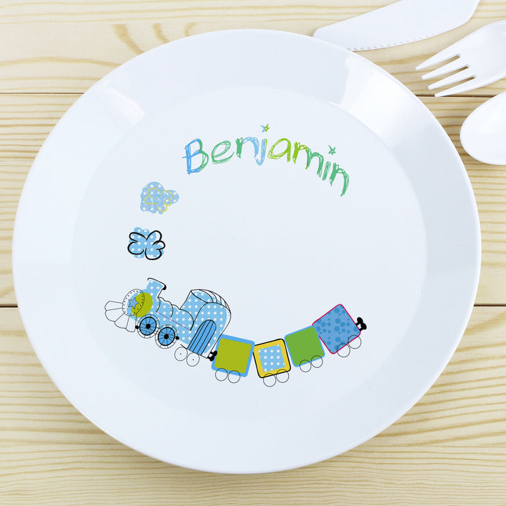 Buy Personalised Patchwork Train Plastic Plate at www.giftsfinder.co.uk