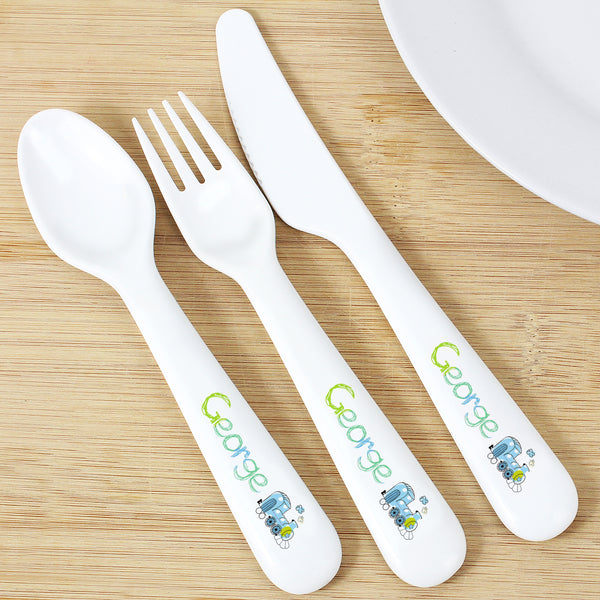 Buy Personalised Patchwork Train 3 Piece Plastic Cutlery Set at www.giftsfinder.co.uk