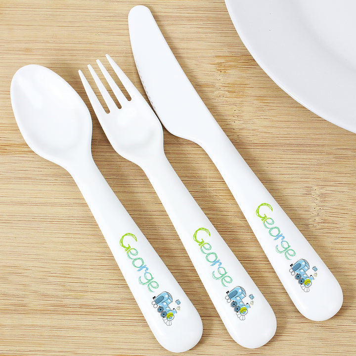 Personalised Patchwork Train 3 Piece Plastic Cutlery Set - part of the Gifts Finder Personalised Children's Cutlery Sets collection