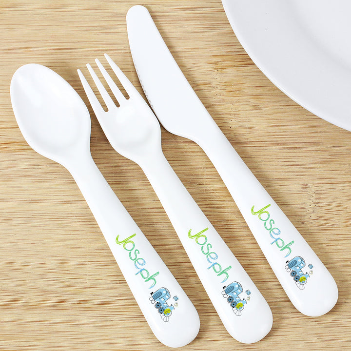 Personalised Patchwork Train 3 Piece Plastic Cutlery Set - part of the Gifts Finder Personalised Children's Cutlery Sets collection