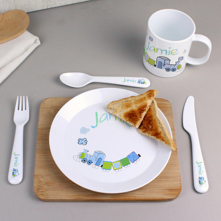 Personalised Patchwork Train 3 Piece Plastic Cutlery Set - part of the Gifts Finder Personalised Children's Cutlery Sets collection