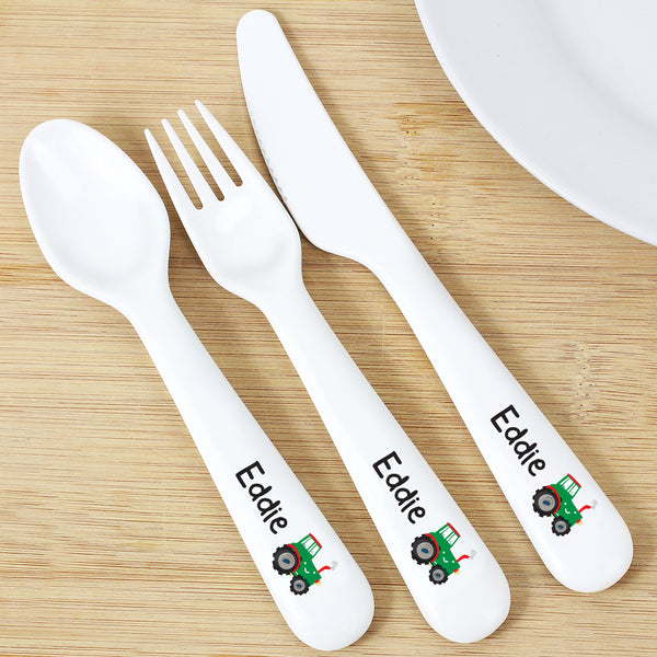 Buy Personalised Tractor 3 Piece Plastic Cutlery Set at www.giftsfinder.co.uk