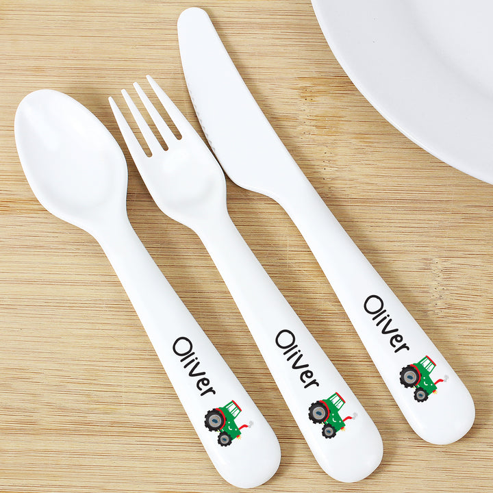 Buy Personalised Tractor 3 Piece Plastic Cutlery Set at www.giftsfinder.co.uk