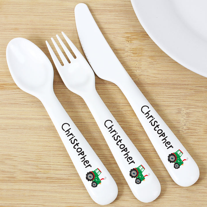 Buy Personalised Tractor 3 Piece Plastic Cutlery Set at www.giftsfinder.co.uk