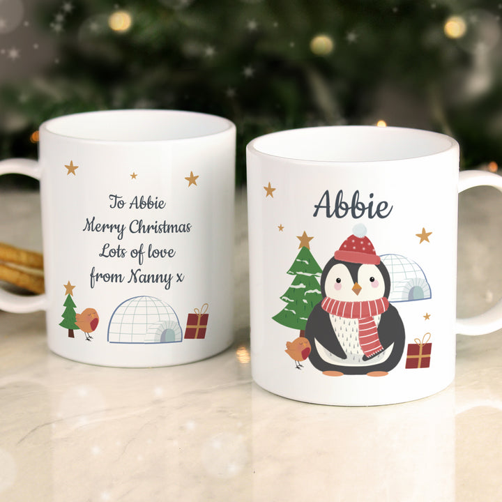 Buy Personalised Christmas Penguin Plastic Mug available now at www.giftsfinder.co.uk