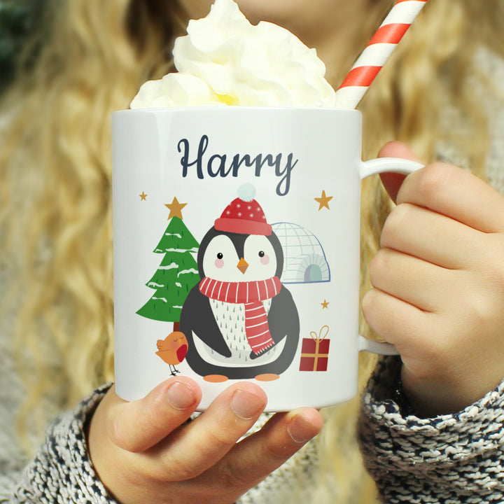 Buy Personalised Christmas Penguin Plastic Mug available now at www.giftsfinder.co.uk