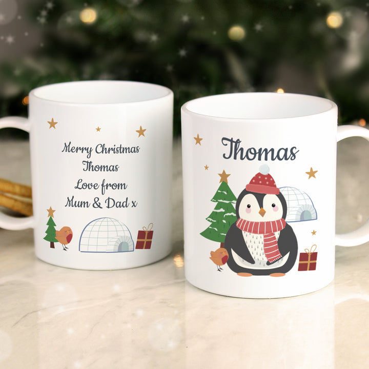 Buy Personalised Christmas Penguin Plastic Mug available now at www.giftsfinder.co.uk