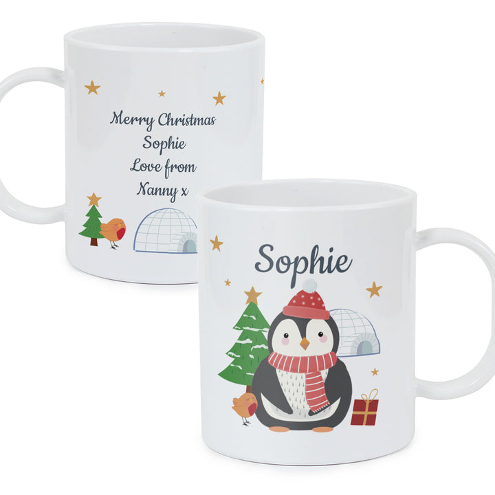 Buy Personalised Christmas Penguin Plastic Mug available now at www.giftsfinder.co.uk