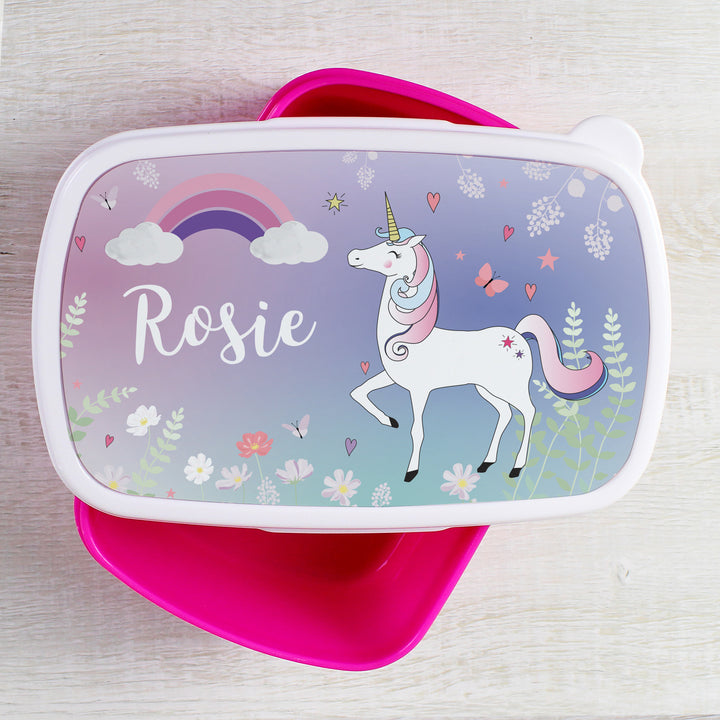 Personalised Unicorn Name Only Pink Lunch Box in gift category Personalised Lunch Boxes