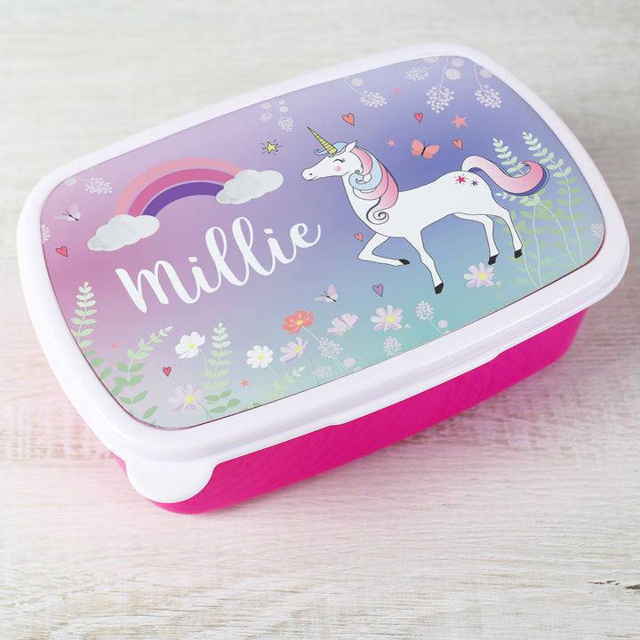 Personalised Unicorn Name Only Pink Lunch Box in gift category Personalised Lunch Boxes