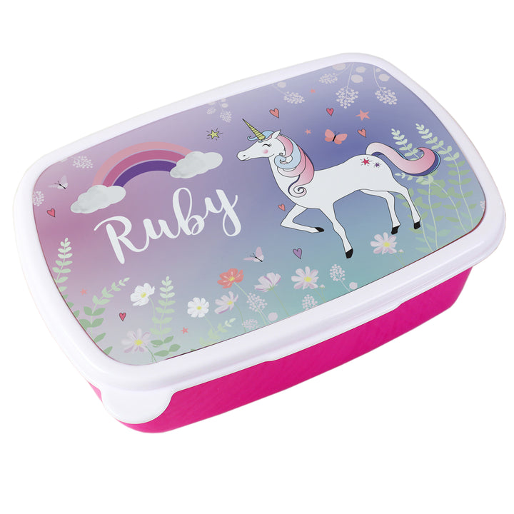 Personalised Unicorn Name Only Pink Lunch Box in gift category Personalised Lunch Boxes