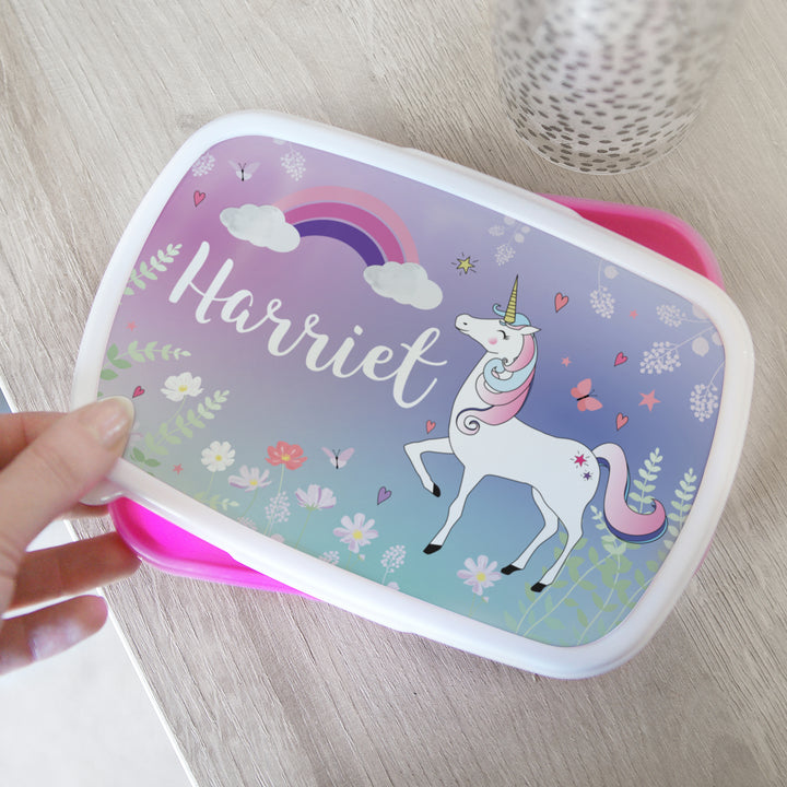 Personalised Unicorn Name Only Pink Lunch Box in gift category Personalised Lunch Boxes