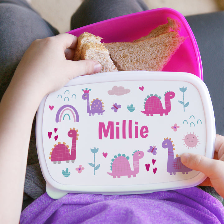 Personalised Girly Dinosaurs Name Only Pink Lunch Box - part of the Gifts Finder Personalised Lunch Boxes collection