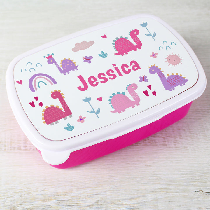 Personalised Girly Dinosaurs Name Only Pink Lunch Box - part of the Gifts Finder Personalised Lunch Boxes collection