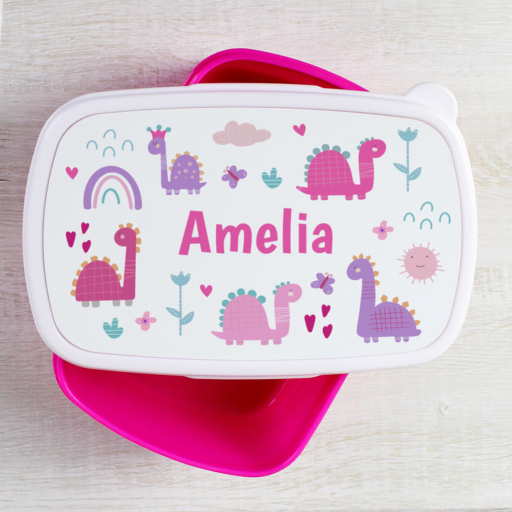 Personalised Girly Dinosaurs Name Only Pink Lunch Box - part of the Gifts Finder Personalised Lunch Boxes collection