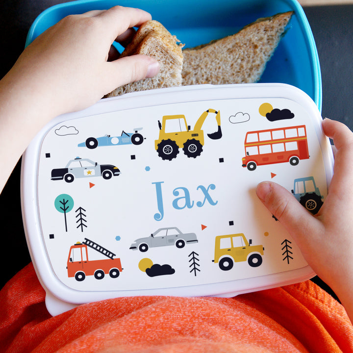 Personalised Vehicles Name Only Blue Lunch Box in gift category Personalised Lunch Boxes