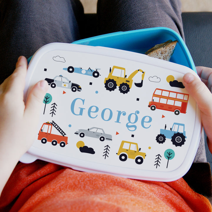 Personalised Vehicles Name Only Blue Lunch Box in gift category Personalised Lunch Boxes