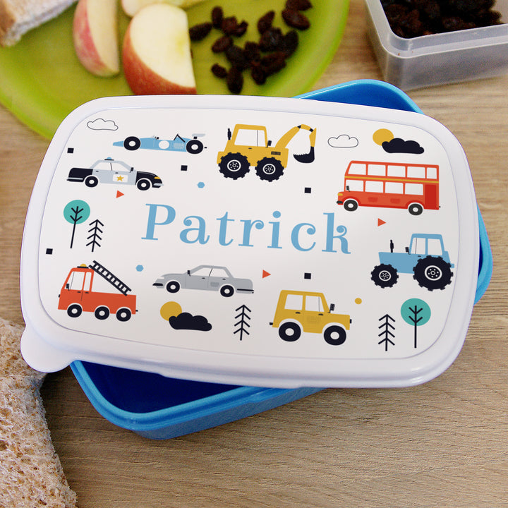 Personalised Vehicles Name Only Blue Lunch Box in gift category Personalised Lunch Boxes