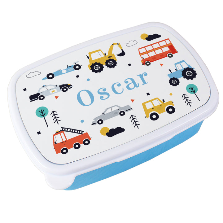 Personalised Vehicles Name Only Blue Lunch Box in gift category Personalised Lunch Boxes