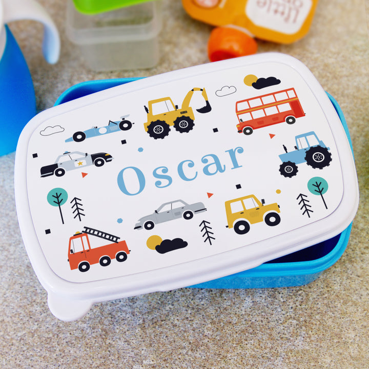 Personalised Vehicles Name Only Blue Lunch Box in gift category Personalised Lunch Boxes