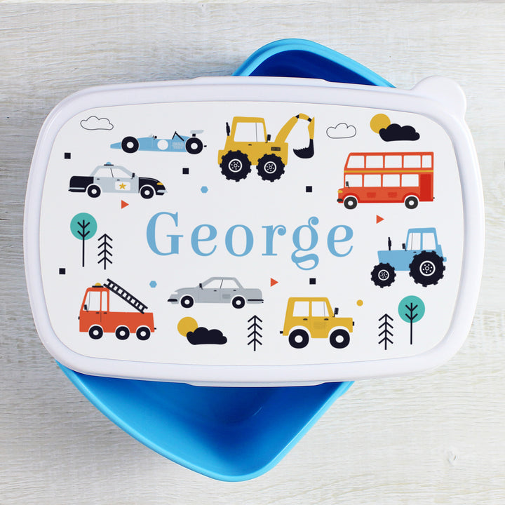 Personalised Vehicles Name Only Blue Lunch Box in gift category Personalised Lunch Boxes