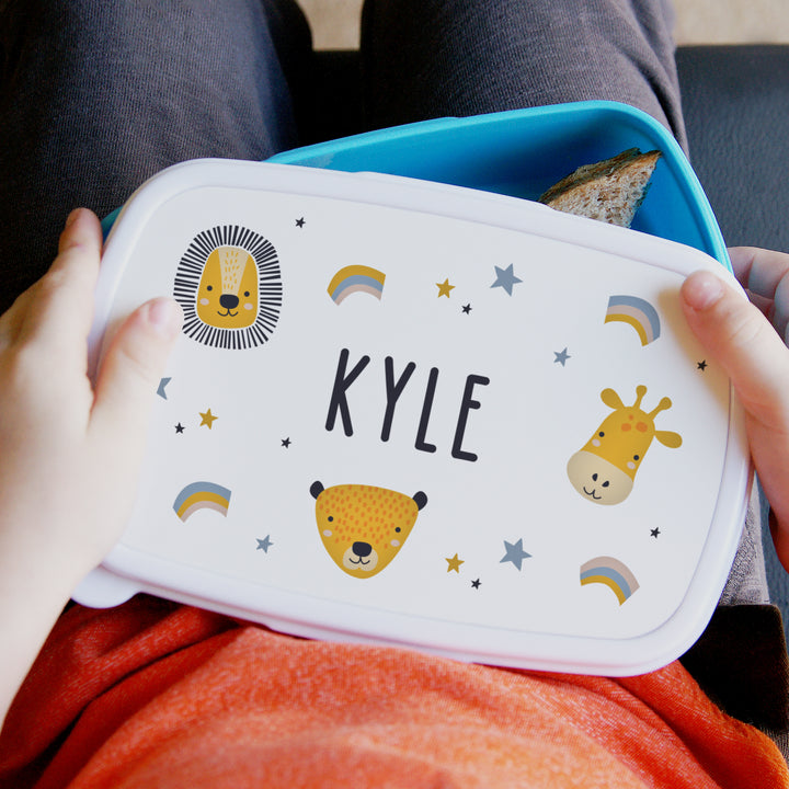 Personalised Safari Animals Name Only Blue Lunch Box in gift category Mealtime Essentials