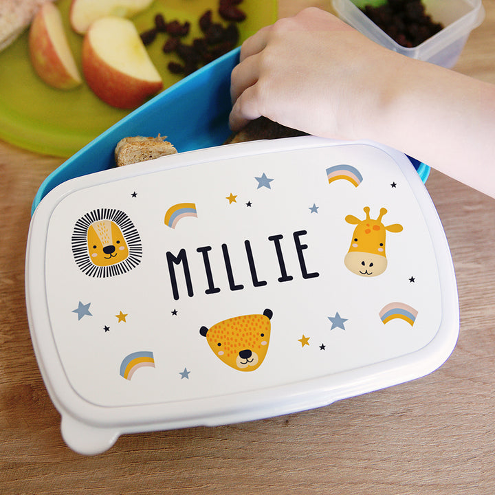 Personalised Safari Animals Name Only Blue Lunch Box in gift category Mealtime Essentials