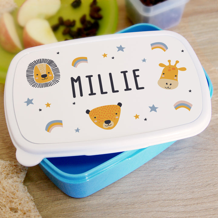 Personalised Safari Animals Name Only Blue Lunch Box in gift category Mealtime Essentials