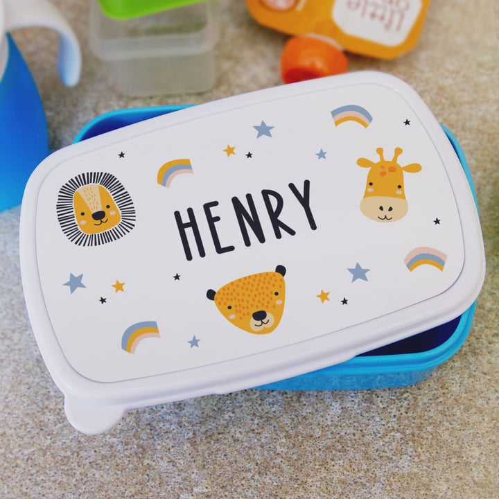 Personalised Safari Animals Name Only Blue Lunch Box in gift category Mealtime Essentials