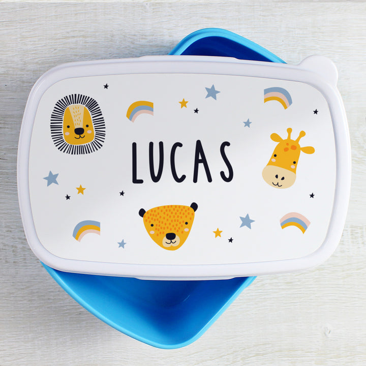 Personalised Safari Animals Name Only Blue Lunch Box in gift category Mealtime Essentials