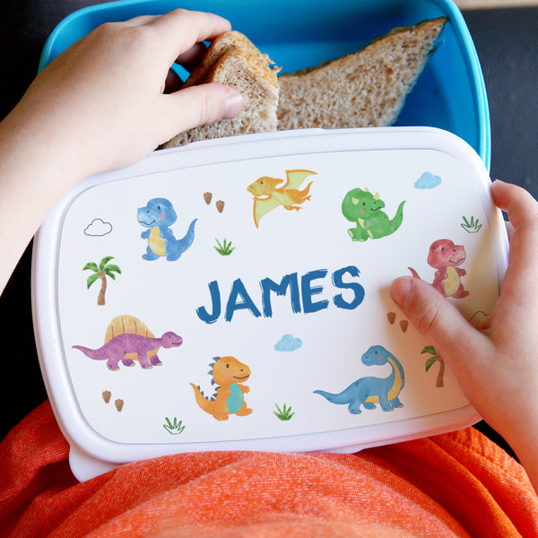 Buy Personalised Dinosaur Name Only Blue Lunch Box available now at www.giftsfinder.co.uk