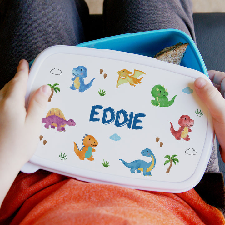 Buy Personalised Dinosaur Name Only Blue Lunch Box available now at www.giftsfinder.co.uk