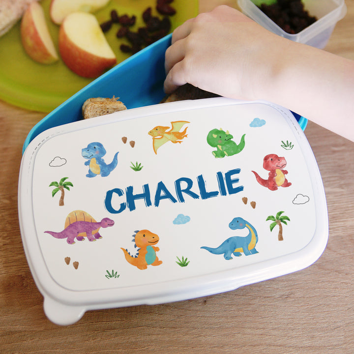 Buy Personalised Dinosaur Name Only Blue Lunch Box available now at www.giftsfinder.co.uk